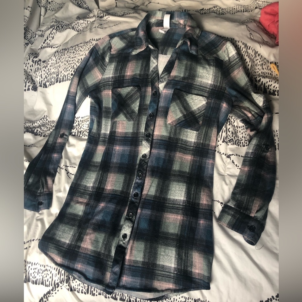 WAREHOUSE | Navy, Teal & Pink Plaided | Buttons down Shirt | XS